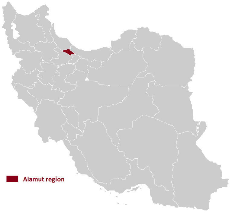 map of Iran with the region of Alamut highlighted.